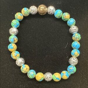 Colorful Tri-Color Howlite Beaded Bracelet with Silver Accents